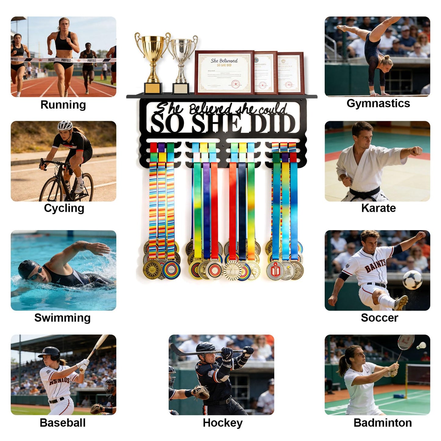 Monlyey Medal Hanger Display with Trophy Shelf - Metal Awards Rack for Walls Holds 60+ Sports Medals, Medal Holder Awards Trophy Display