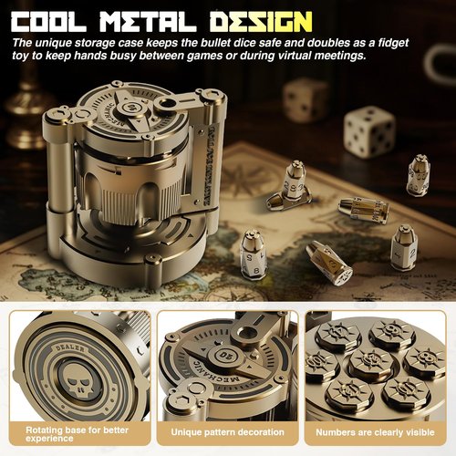 YNWML Metal Dice Set, 7 Piece Polyhedral Bullet Dice with Spinning Revolver Cylinder Case, Fidget Toy for Stress Relief, Cyberpunk Style Tabletop RPG Dice, Golden