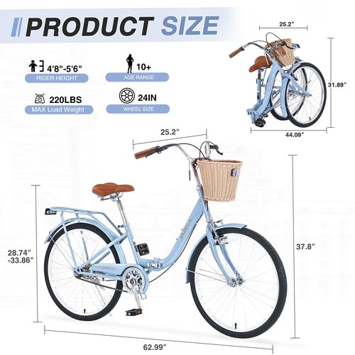BALINGE 24 Inch Folding Girls Cruiser Bike，1-Speed Foldable Hybrid City Bicycle with Dual Brakes,Wicker Basket & Rear Rack，Adjustable Seat Post&Handlebar，Blue