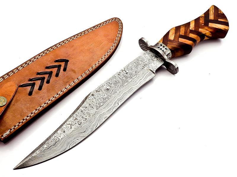Damascus Fixed Blade Hunting Knife with Rosewood Handle & Leather Sheath – 15in Overall