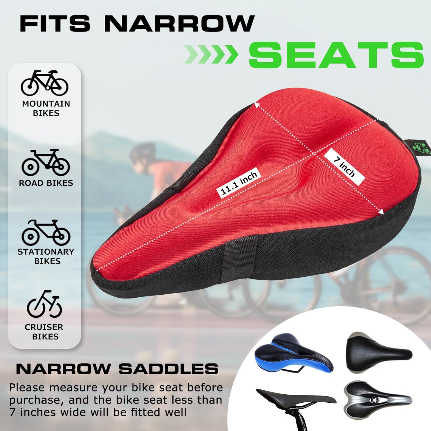Zacro Bike Seat Cushion - Padded Gel Bike Seat Cover for Men & Womens Comfort, Compatible with Peloton, Stationary Exercise or Cruiser Bicycle Seats, 11 x 7 inches