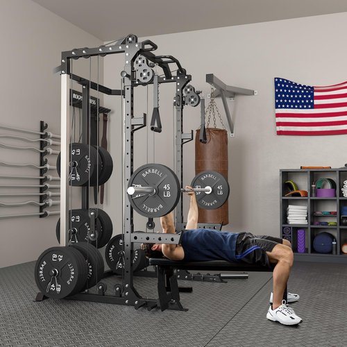 Cofiyard Power Cage, Power Rack with Dual Pulley System, Multi-Function Squat Rack with Cable Crossover, Free Weight Home Gym Workout Machine(Black)