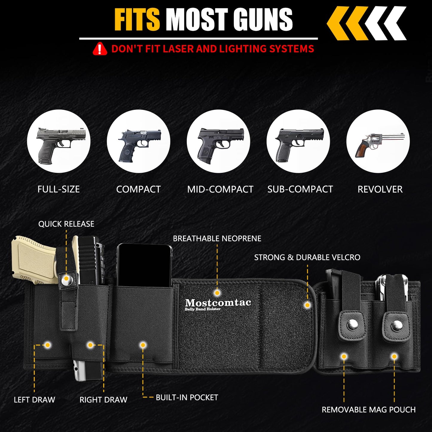 Mostcomtac Belly Band Holster for Men & Women - Comfortable Carry Gun Holster for 9MM and 380 with Breathable Neoprene, Fits Glock 19 17 42 43 43x, Taurus, Ruger LCP, S&W M&P Shield for Most Handguns