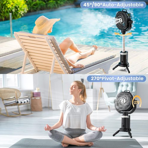Camping Fan Rechargeable 330ml Portable Misting Fan 20000mah Battery Powered With Led Light Height Adjustable Remote Hook Oscillating Floor Outdoor Fans For Camping Patios, 2 Spray Mister, Black