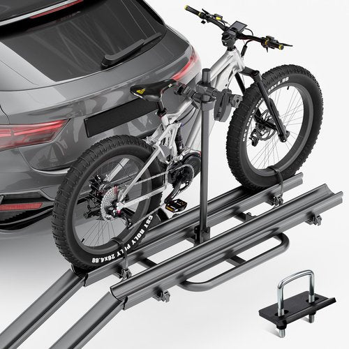 SOENBOO 2 EBike Rack with Ramp, up to 5" Fat Tire Carrier, Foldable & Lockable Electric Bicycles Racks, 200 LBS Capacity Bike Racks Platform for Standard, Fits 2" Hitch for Trucks SUVs Cars Vans