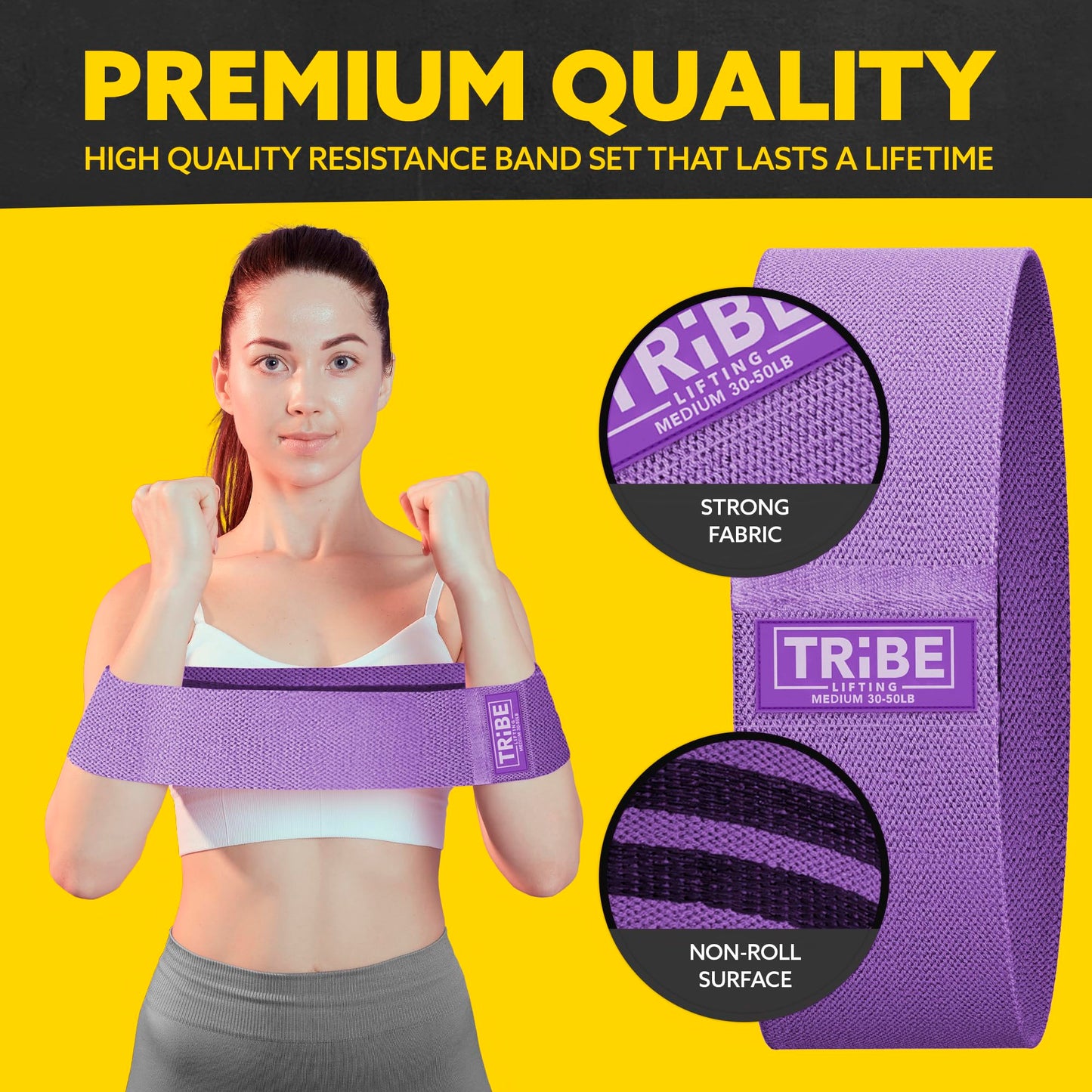 Tribe Lifting Resistance Bands for Working Out - 3 Pack Fabric Workout Bands for Women and Men - Booty Bands for Legs and Glute - Non Slip Exercise Bands Set for Squat Hip Thigh (Purple)