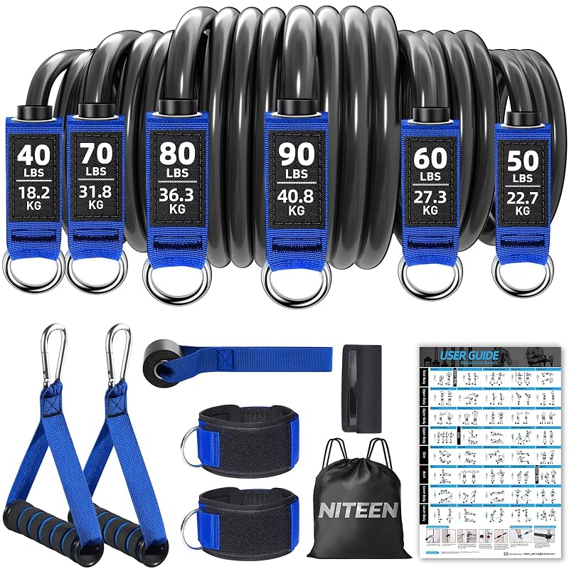 Heavy Resistance Band Set 390 lb with Handles – 6 Levels, Latex Exercise Tubes