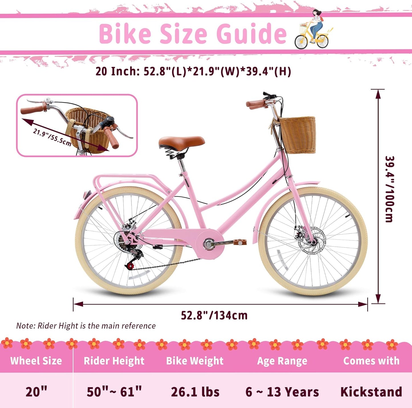 Kids Bike, Retro Cruiser Bike for Girls, 20 24 Inch 7-Speed Kids Bicycles for Ages 6-14 Girls Youth with Rattan Basket, Dual-Disc Brake Carbon Steel Frame Lightweight Bicycle, Multiple Colors