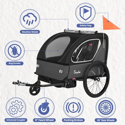Sepnine Kids Bike Trailer, 2 in1 Canopy Carrier Converts to Pushcart Suitable for 1 to 2 Toddlers, Kids, Quick Attach to Bike, Foldable, with 5-Point Harness and Storage Bags