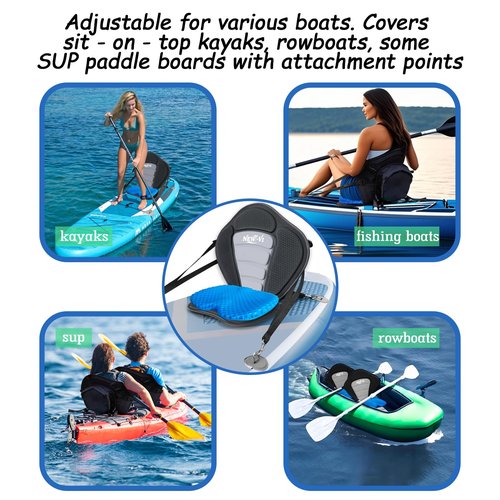 NEW-Vi Deluxe Kayak Seat with Gel Cushion & Storage Bag - Padded Ergonomic Backrest for Kayak, Canoe, SUP, Fishing Boat - Anti-Slip & Waterproof