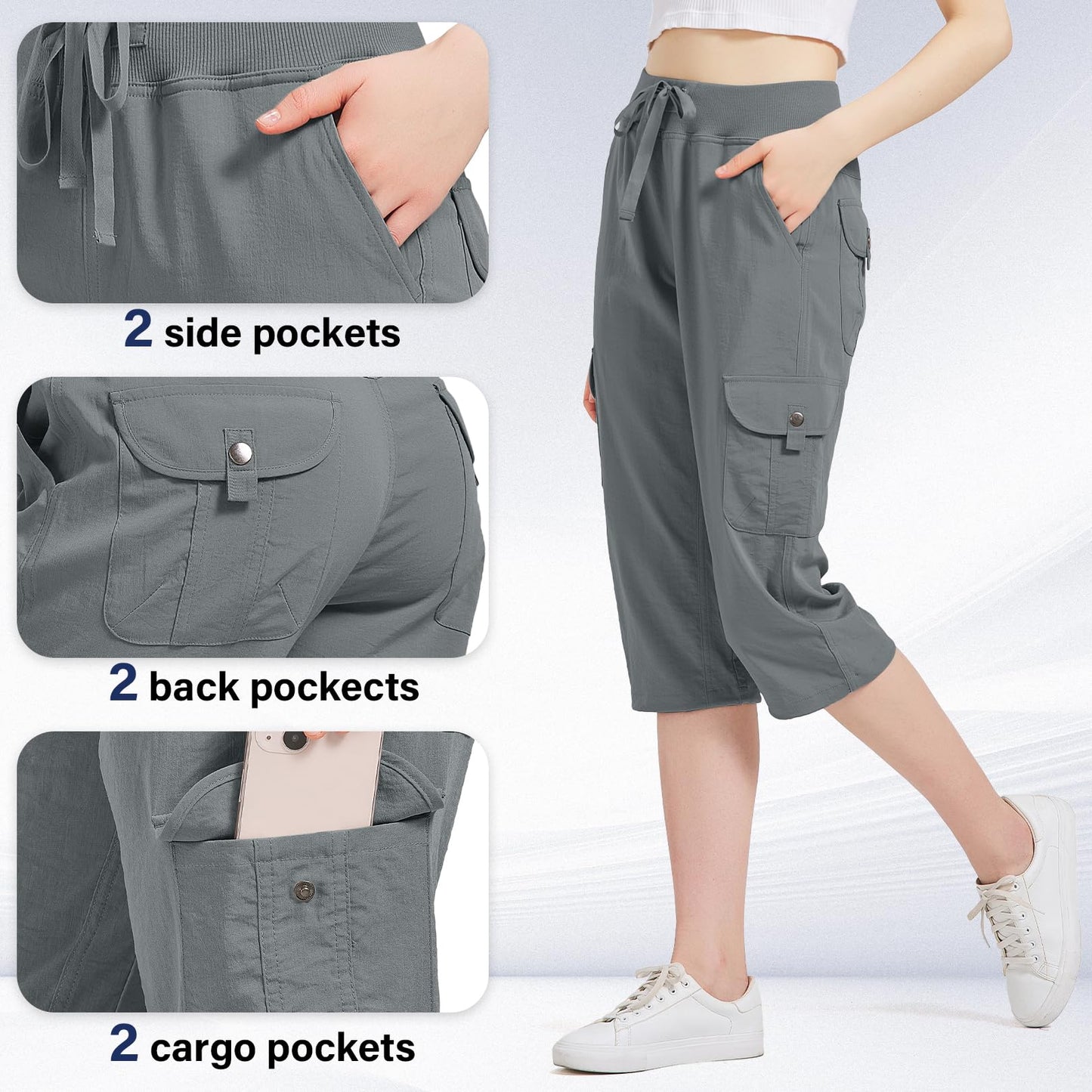 Women's Cargo Capris Hiking Pants with 6 Pockets Lightweight Quick Dry Outdoor Travel Casual Comfy Summer Pants(2032 Grey XXXL)