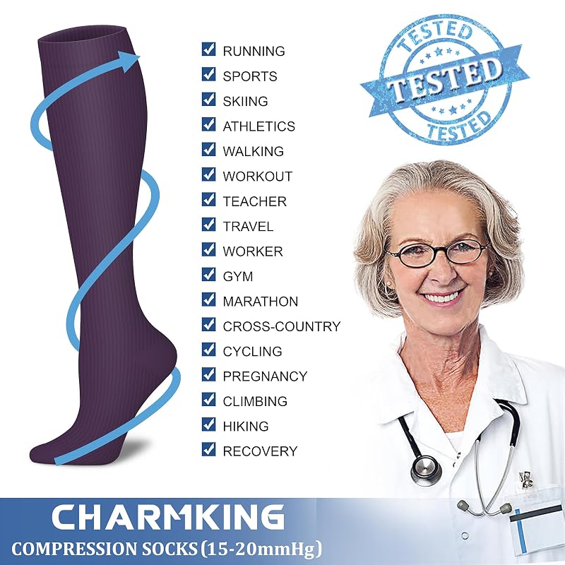 CHARMKING 8 Pairs Compression Socks 15-20 mmHg for Men & Women – Calf Support (Variation: 44 Black/Purple/Purple/Purple/Purple+Large-X-Large)
