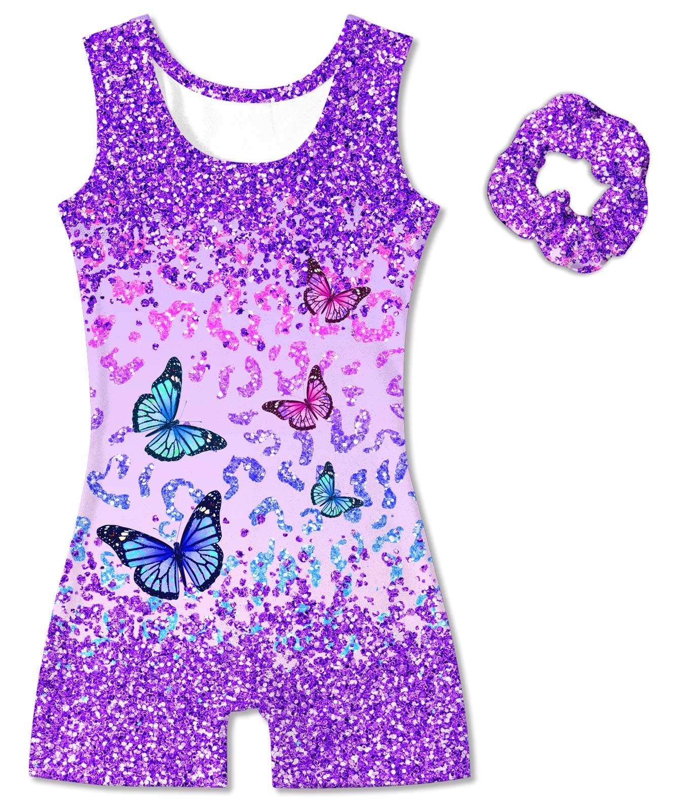 Vogseek Sparkly Gymnastics Leotards for Girls 11 12 Years Cute Butterflyss Glitter Ballet Dance Unitards Biketards with Hair Scrunchie Kids Tumbling Shorts Activewear Clothes, Purple