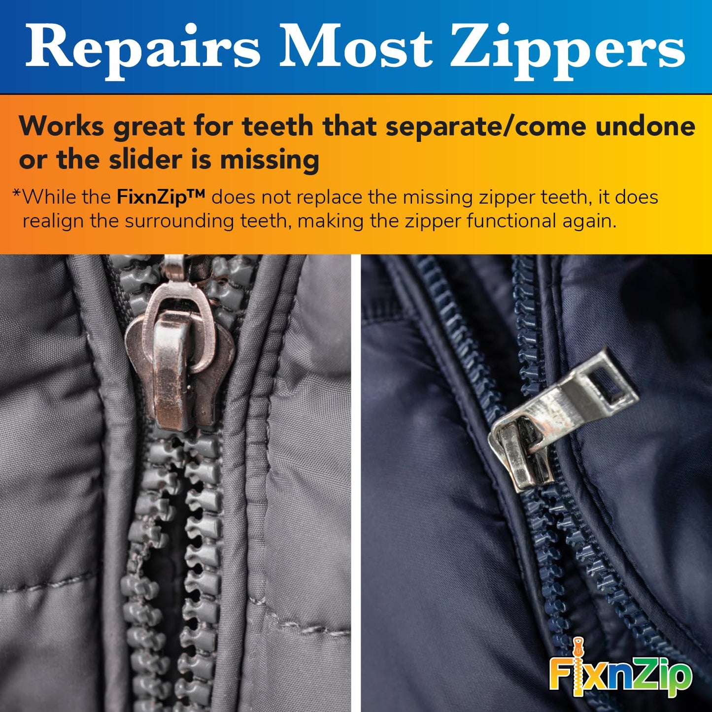 FixNZip Large Black Nickel Zipper Repair Kit | Universal No-Sew Slider Replacement for Heavy Jackets, Wetsuits, Boat Covers, and Luggage | Instant and Reusable Zipper Repair Tool | Sizes 8-10