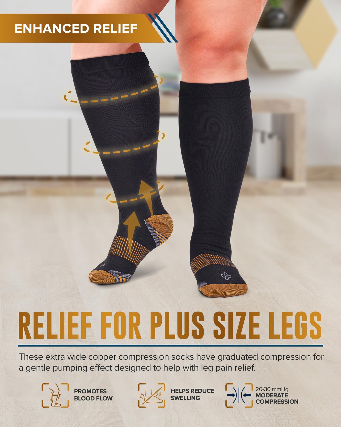 Doctor's Select® Copper Plus Size Compression Socks Wide Calf - 2 Pairs | 20-30mmHg Extra Wide Calf Compression Socks Women Copper for Swelling, Varicose Veins | Black