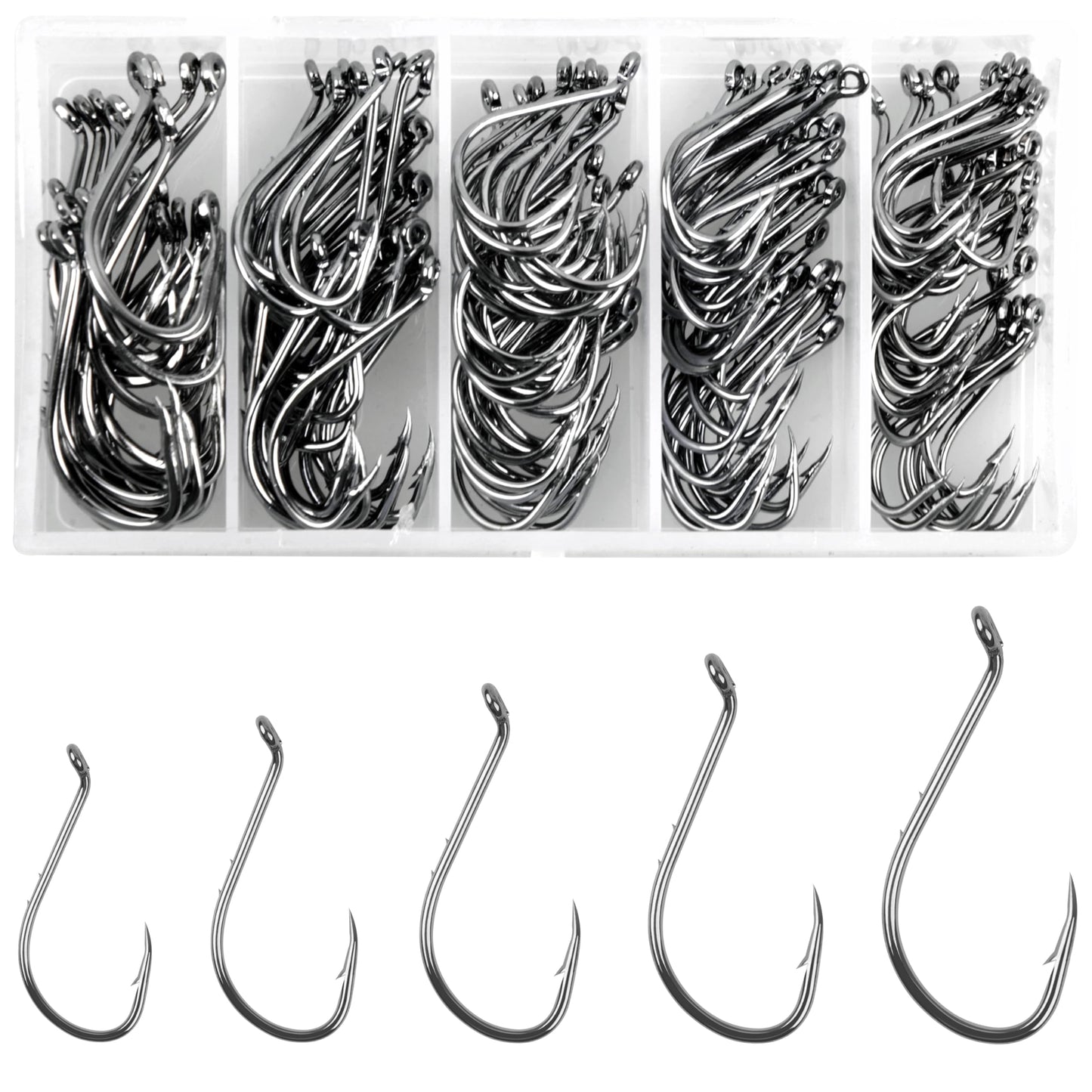 Carbon Steel Fishing Hooks Kit,110pcs/145pcs Saltwater Octopus Fishing Hook with Barbs Fish Circle Hook Freshwater Bass Fishing Hook Mix Size with Fish Tackle Box 145pcs