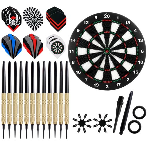 Soulchen 153 Pcs Dartboard Sets -1 Soft Tip Dartboard 12 Soft Tip Darts 100 Extra Dart Tips 18 Tails 2 Flight Protectors 20 Rubber Rings for Indoor Game Party Games Birthday Gifts