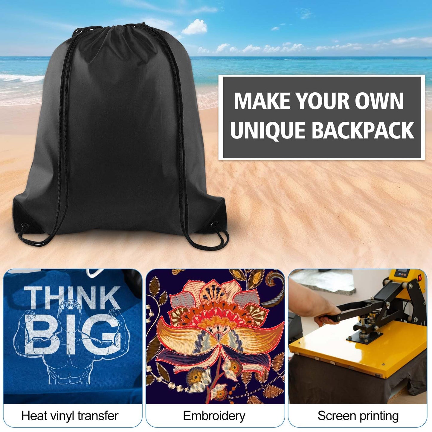 KUUQA 40pc Black Drawstring Backpacks - Gym, School, Travel - 40cm*34cm/15.7'x13.4' - Polyester & Faux Leather - Modern Design - Drawstring Closure - Unisex - Black