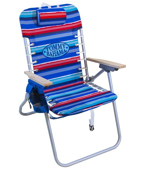Tommy Bahama Hi-Boy 17" Seat Height 4-Position Lace-Up Suspension Folding Beach Backpack Chair, 1-Pack, Red and Blue Stripe