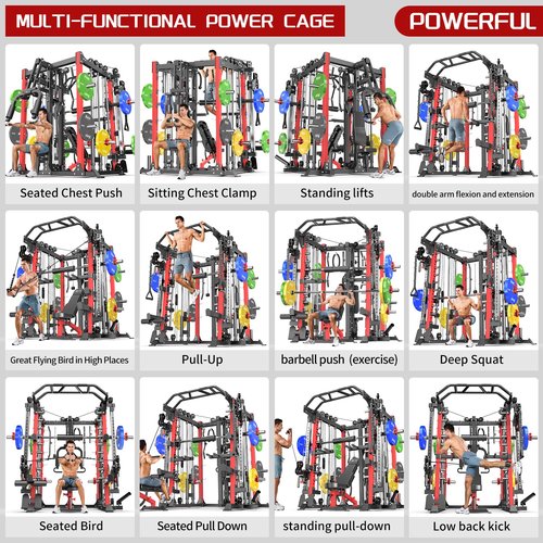 Smith Machine with Cable Crossover System, Multi-Function Squat Rack Power Cage for Home Gym, Power Rack and Packages Weight Sets (Black, L07-Smith Machine+Weight Bench+Color BP 230LBS)
