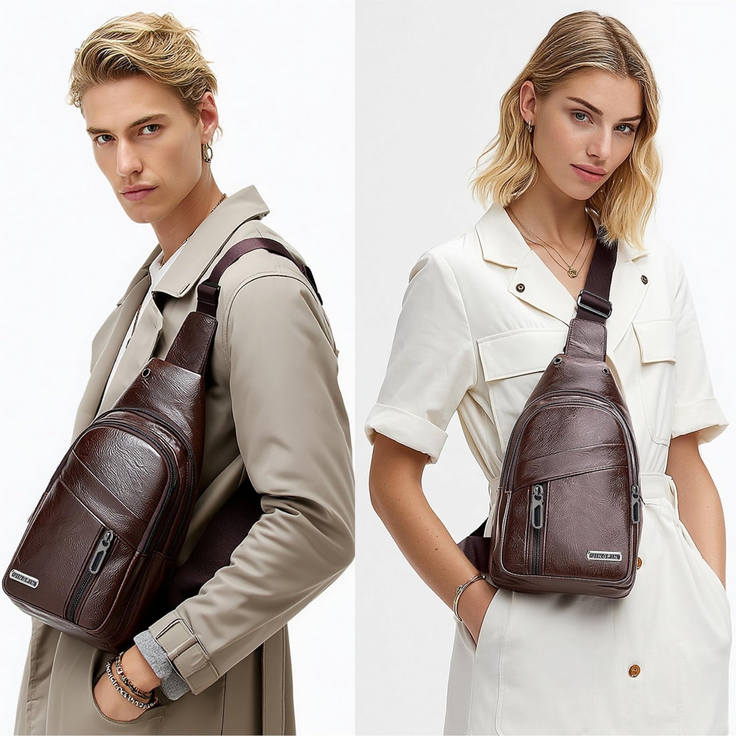 2 Pack Sling Bag Set, PU Leather Sling Bag with Classic Wallet, Multi-Zipper Design for Travel, Outdoors