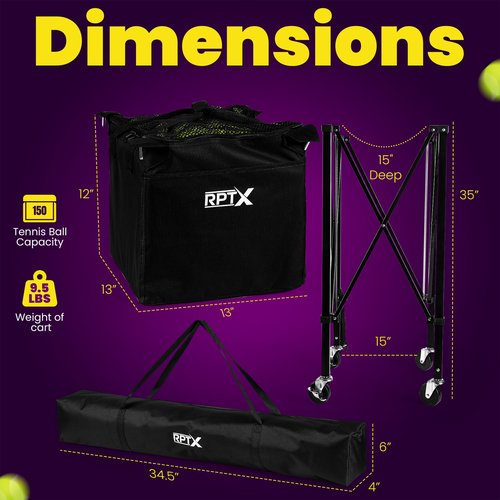 RPTX Tennis Ball Cart | Pickleball Ball Hopper | 150 Ball Capacity | Multiple Storage Pockets | Carrying Bag | Sturdy Pickleball Cart with Wheels | Ball Caddy for Practice & Training