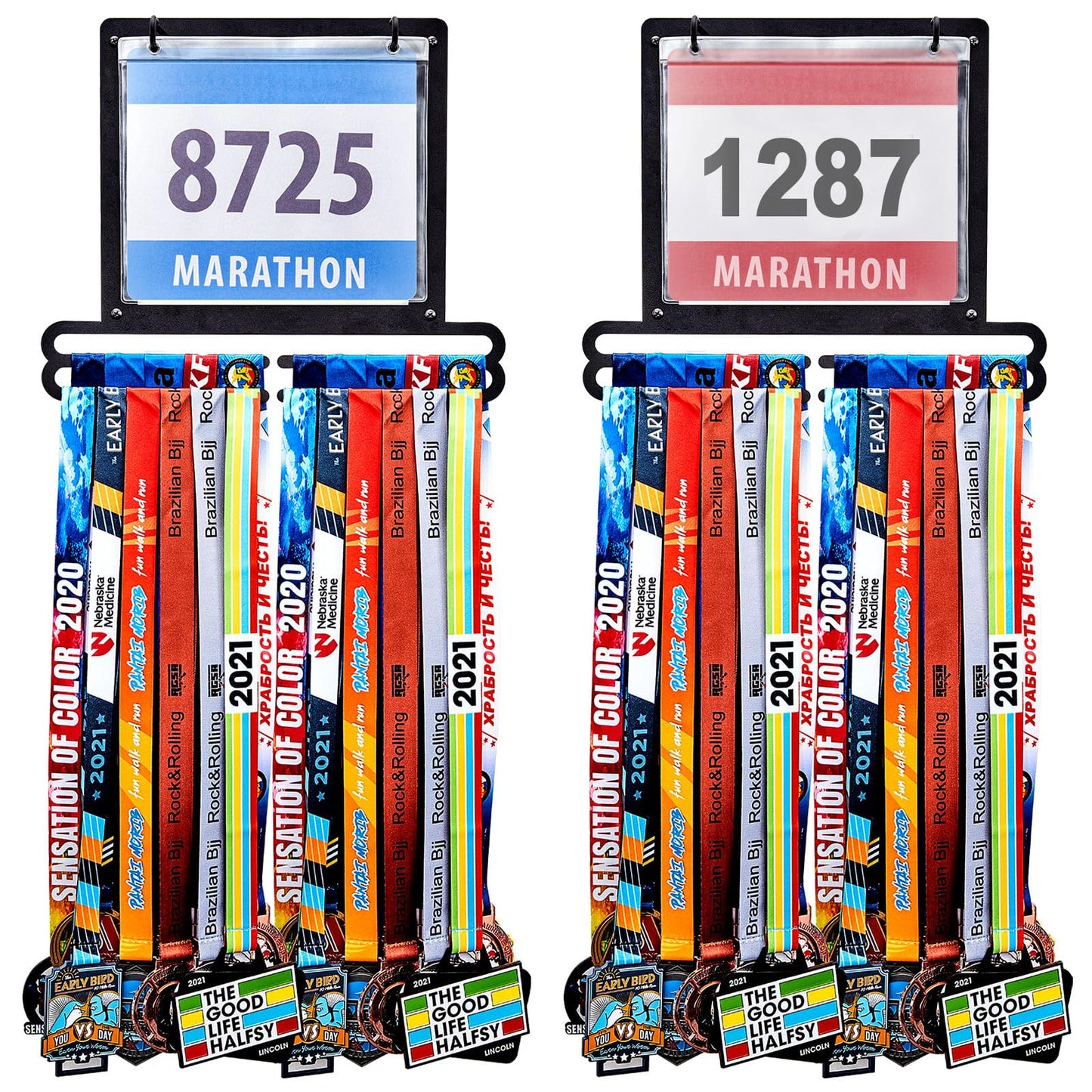 Moxweyeni 2 Pcs Medal and Bib Display Medal Hanger Running Race Bib Holder Wall Mounted Hanging Rack Stands Gifts for Runners(Black,13.78 x 11.22 Inch)