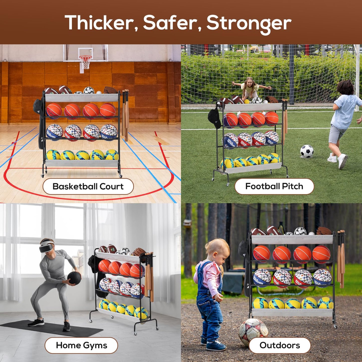 Holbrett Basketball Rack, Rolling Ball Storage Stand with Baseball Bat Holder Storage Cart and Movable Hooks 4-Layer Organizer Holder with Wheels for Volleyball Football Rugby Balls