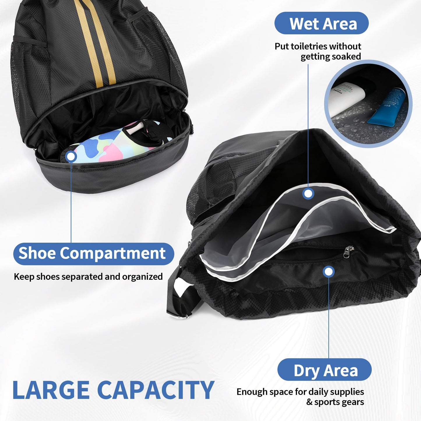JELUTAR Drawstring Backpack Gym Bag with Shoes Pocket, Black Gold