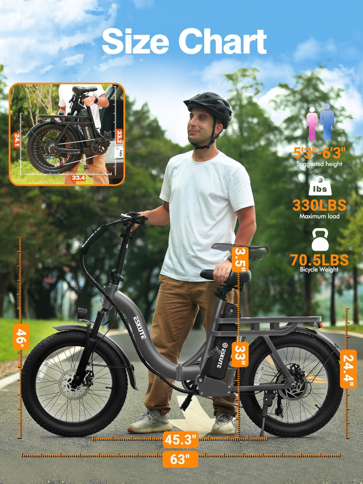 Elecby 1200W Peak Folding Electric Bike for Adults, 28MPH 48V 10.4Ah Removable Battery, 55-Mile Range, 20"x3" Fat Tire, Step-Thru Ebike with Basket 7-Speed – Commuter E-Bike Grey