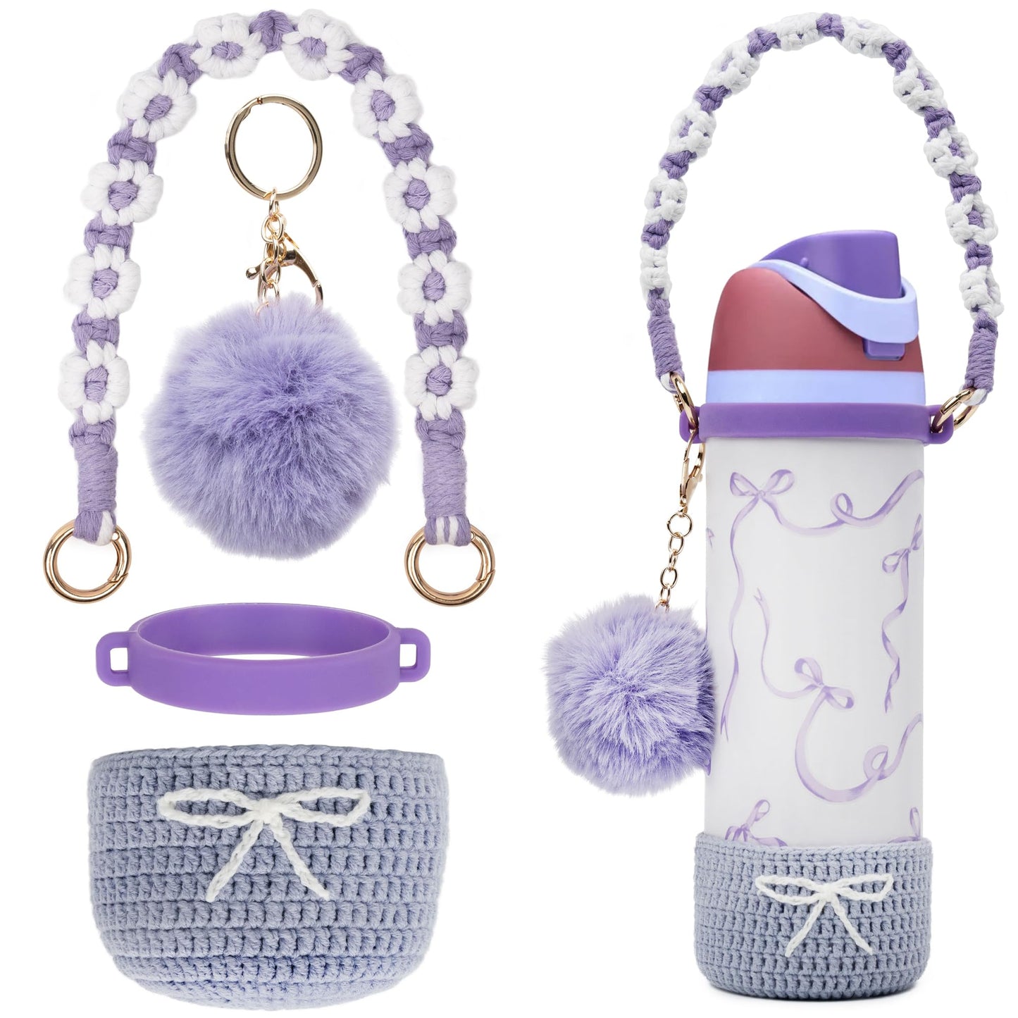 Kaitiaki Crochet Boot Set for Owala Water Bottle 24 oz - Anti-Slip Sleeve, Water Bottle Handle Strap & Crochet Handle, Fits Owala Tumbler, Perfect Owala Accessories (Purple, 24 oz)