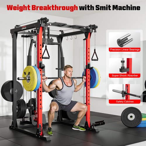 ARMAC Smith Machine, 2000LBS Dual Pulley Functional Power Cage, Squat Rack with Cable Crossover System, Home Gym Trainer, Pull-Up Bar, Spotter Arms, Home Gym Equipment