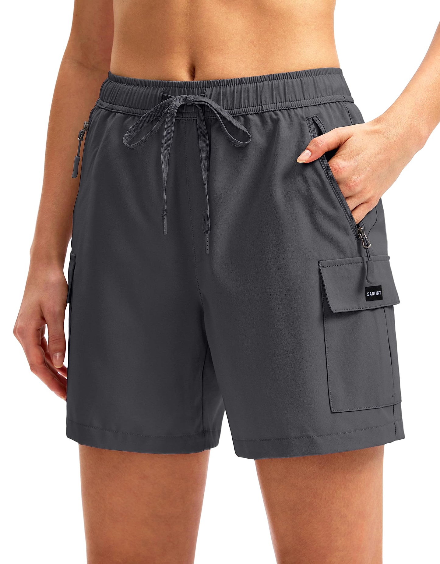 SANTINY Women's 5''/ 7''/9'' Hiking Cargo Shorts Quick Dry Lightweight Summer Shorts for Women Athletic Golf Zipper Pockets(Dark Grey_XL)