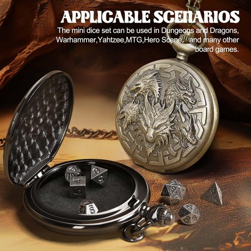 Banloga D&D Dice Set,7PCS Metal Dice for Dungeons and Dragons,Mini Dice Set with Pocket Watch Case,Role Playing Board Games Accessories (Dragon, Bronze)