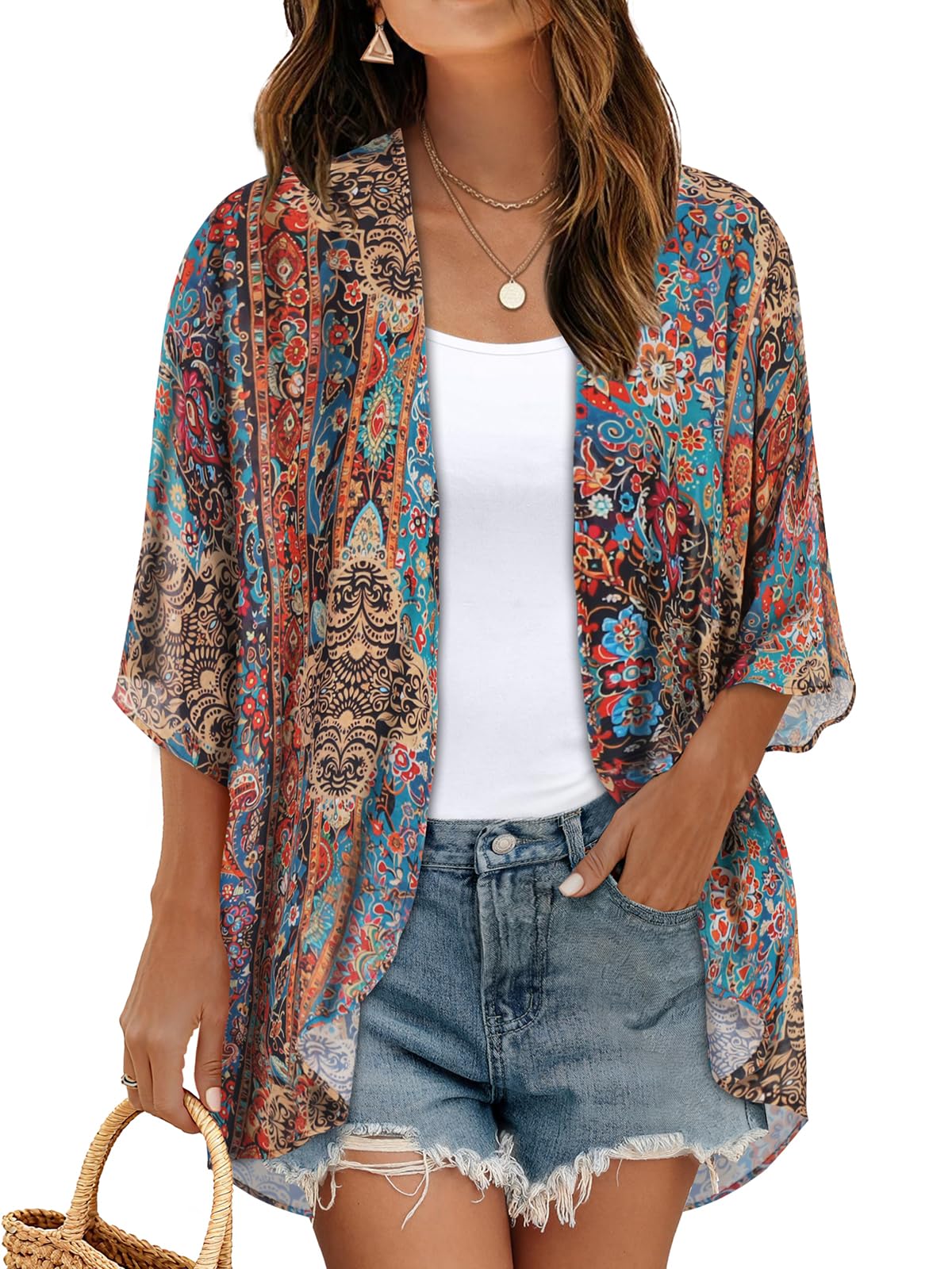 Women's Floral Kimono Print Puff Sleeve Loose Cardigan Cover Up Casual Blouse Tops (Bohemia Print, M)