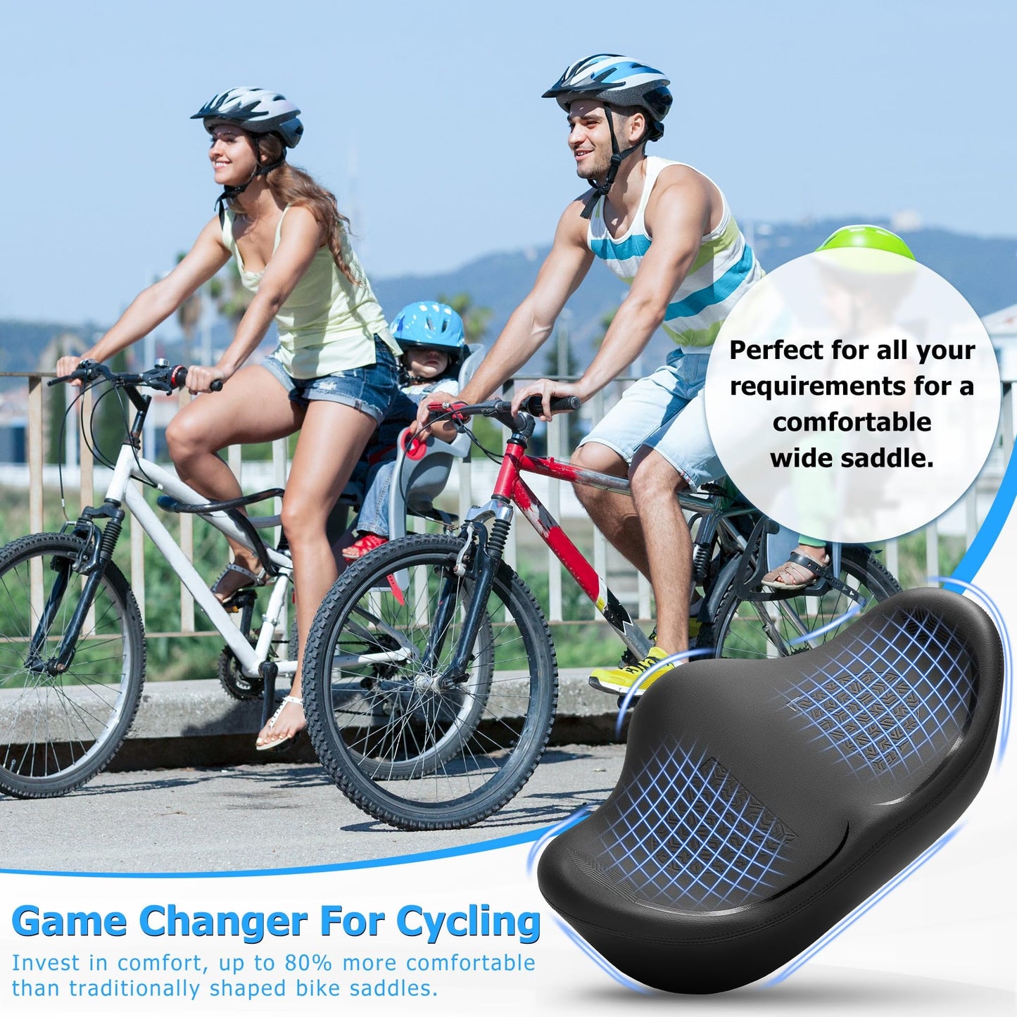 CDYWD Noseless Oversized Bike Seat for Men Women Comfort, Extra Wide Padded Bicycle Seat Cushion, Large Comfortable Bike Saddle for Peloton, Stationary Exercise Bike, Beach Cruiser, City Bike, Ebike