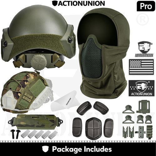 ACTIONUNION Airsoft Helmet and Mask Pro Set Tactical Paintball Helmet and Balaclava Mesh Mask MH Type with Helmet Counterweight (OD, Medium)