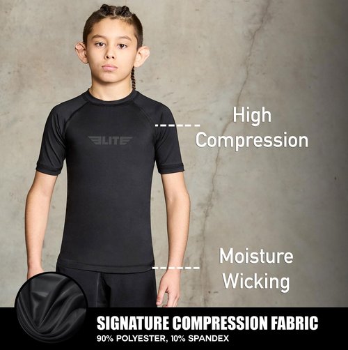 Elite Sports Kids Jiu Jitsu BJJ Rash Guard, Short Half Sleeve Compression Shirt for Youth Boys Girls Sports Nogi Training Black
