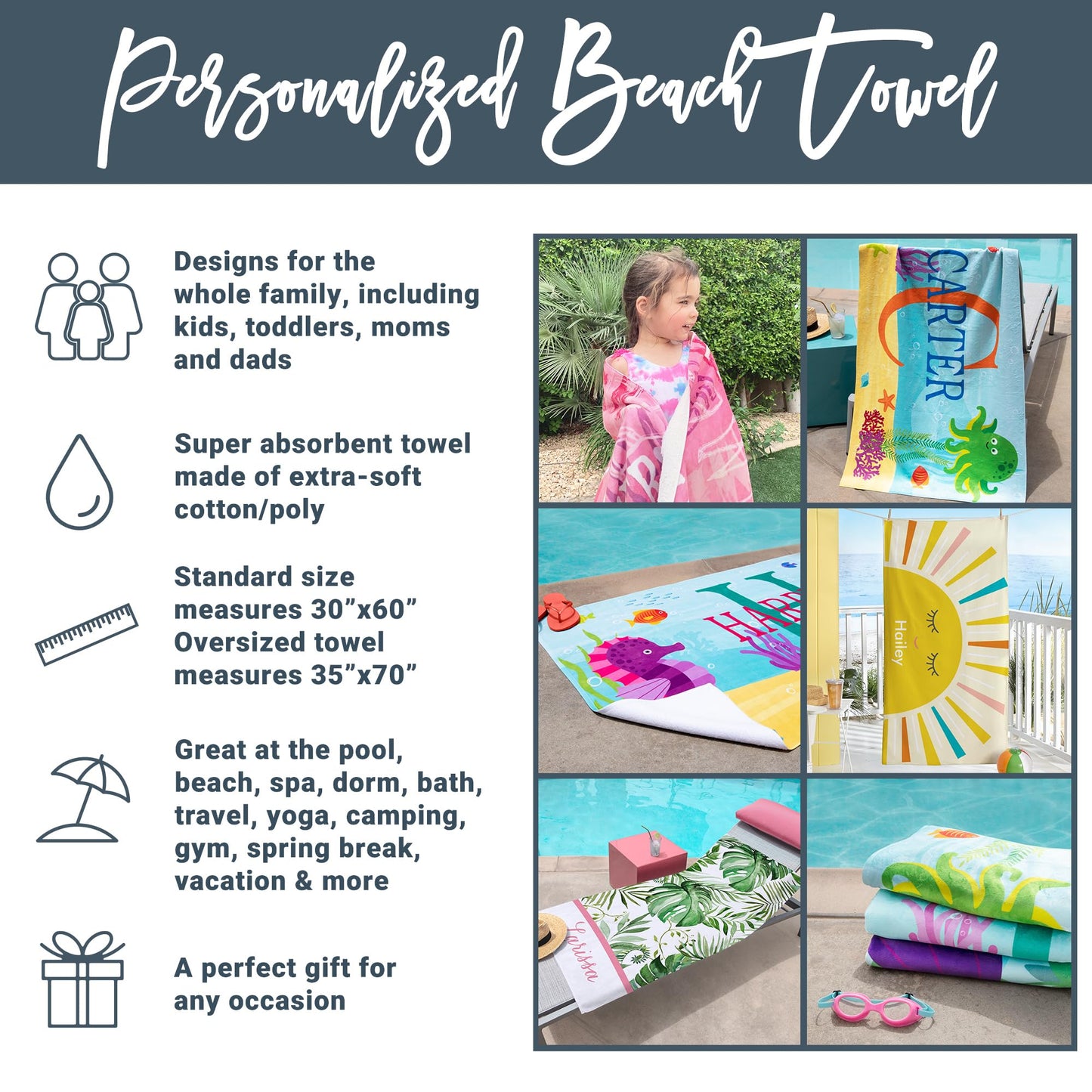Let's Make Memories Personalized Beach Towel for Kids - Summer Camp Pool Party - Beach Vacation - Standard (30”x60”) - Colorful Sharks