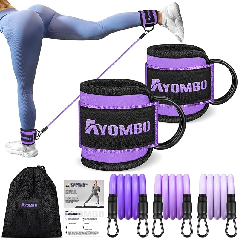 Ankle Resistance Bands with Cuffs 60LBS – Purple, 3-Level Resistance, Leg & Glute Training Set