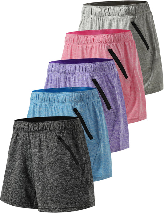 5 Pack: Womens Workout Gym Shorts Casual Lounge Set, Ladies Active Athletic Apparel with Zipper Pockets (Set 1, X-Large)