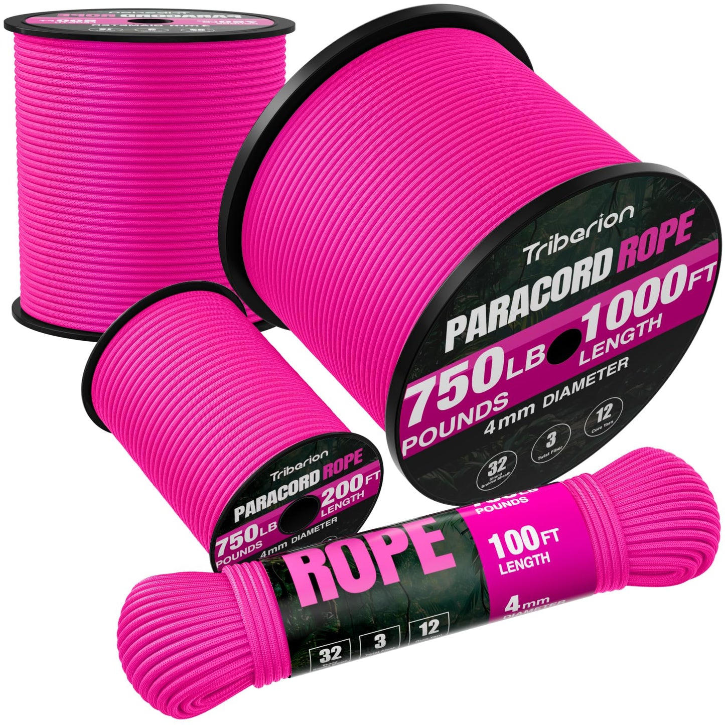 TRIBERION Paracord Rope 750 lb - 100ft 5/32" Parachute Cord 4MM 12-Strand para Cord - Heavy Duty Spool String for Survival,Camping Gear, Survival Bracelet, Clothesline - Rose Pink