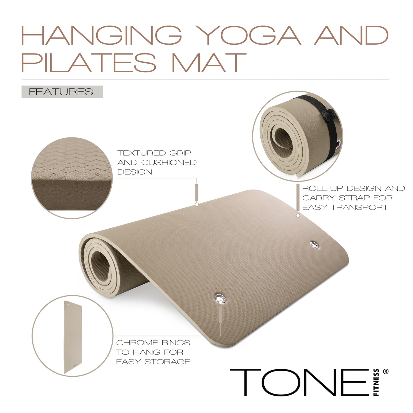 TONE Fitness Hanging Yoga Mat, Pilates Mat, Exercise Mat for Home Workouts with Carry Strap | V Pattern | Mocha