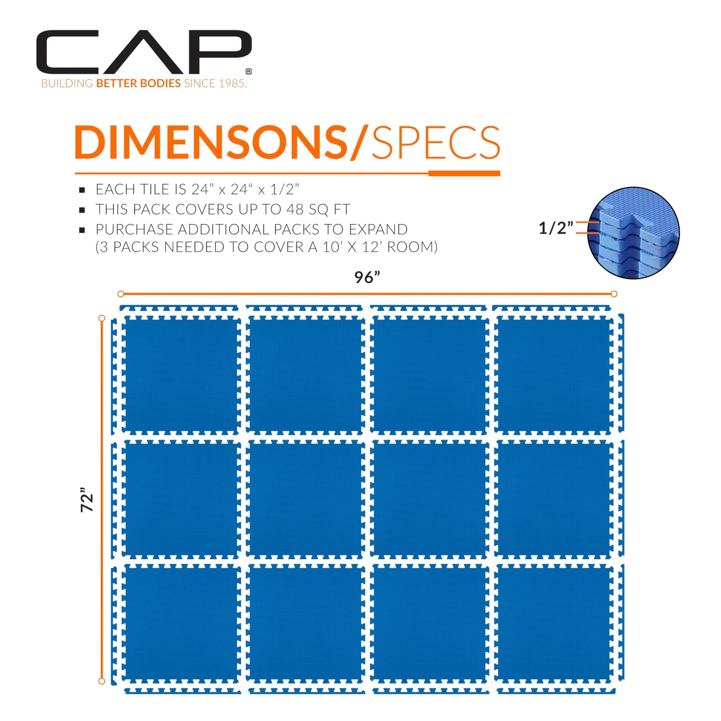 CAP Barbell 1/2-Inch Interlocking EVA Foam Exercise Puzzle Mat Home Gym Flooring - 2 Pack | 24" x 24" x 1/2" | T Pattern - Blue