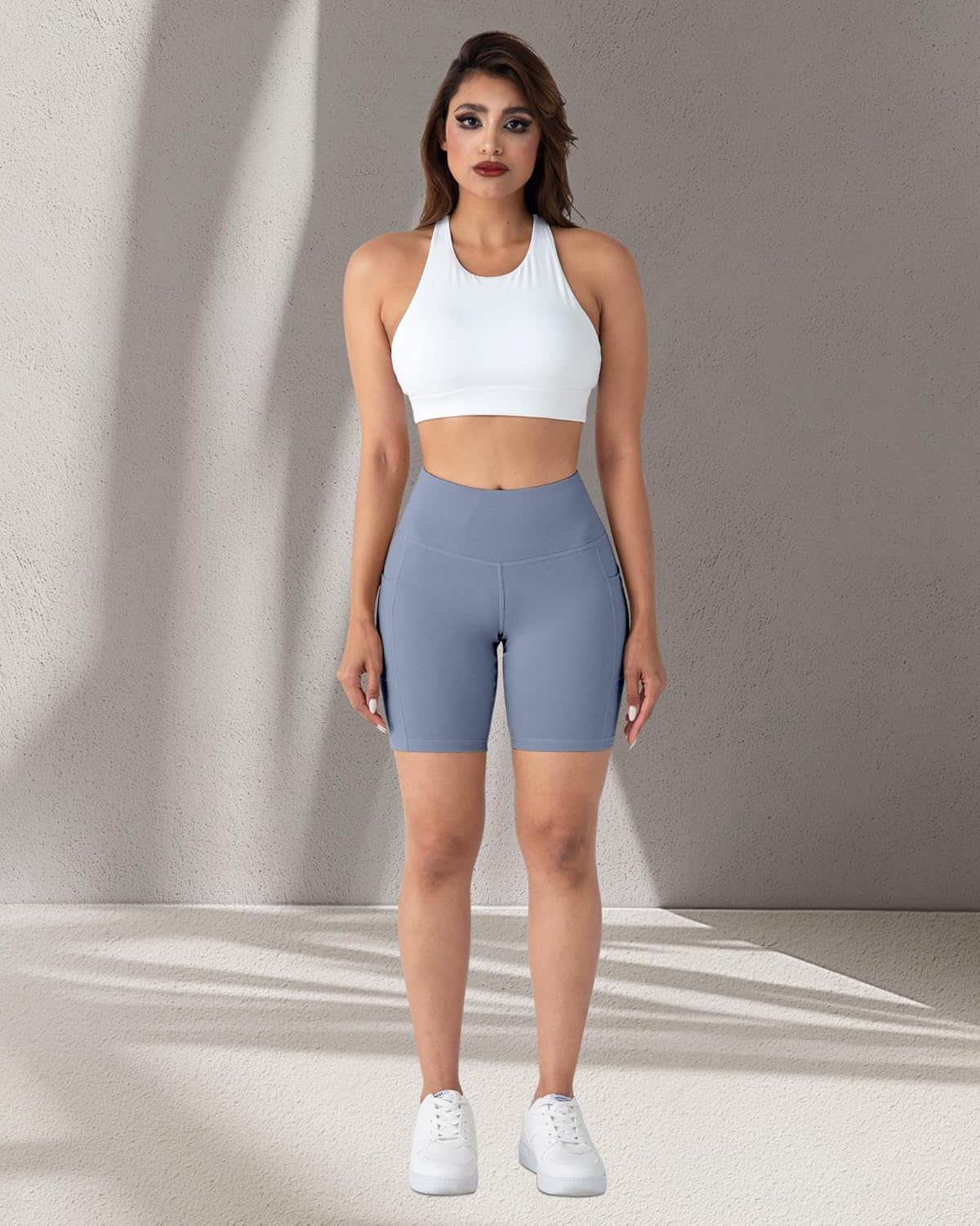 2 Packs Biker Shorts with Pockets for Women, Tummy Control High Waist Spandex Shorts 8" (2BlackDGrayLGray, XL)
