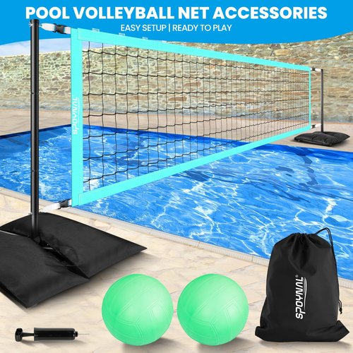 SPOYNAL Pool Volleyball Net Set for Inground Pools – Adjustable Length 15ft to 32ft Outdoor Water Volleyball, Portable Volleyball Net with 4 Sandbags, LED Lights & 2 Glow in The Dark Volleyballs