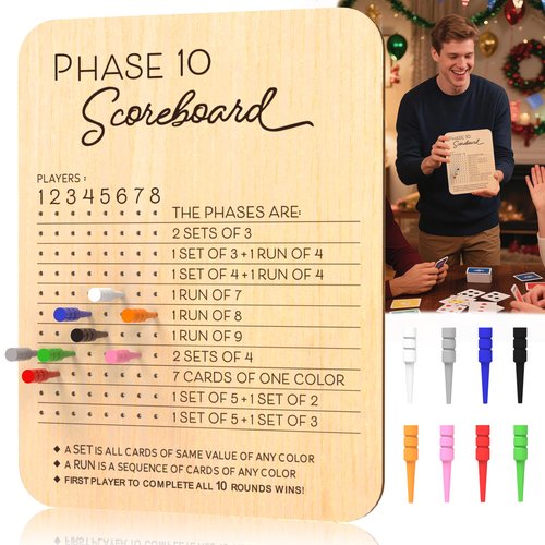 LZC LADYS GIFT Phase 10 Score Board, Wooden Scoreboard for Phase 10 Card Game with 8 Colored Cribbage Pegs, Fun Board Card Games Accessories for Adults, Families, Parties & Travel