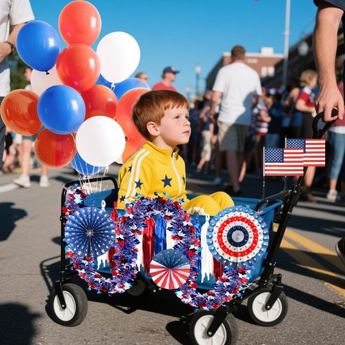 4th of July Patriotic Bike Decor Include USA Patriotic Banner Paper Flower Fans USA Flags Tinsel Garlands Red White Blue Balloons Bike Ribbon Streamers and Paper Streamers Patriotic Bike Decor Set