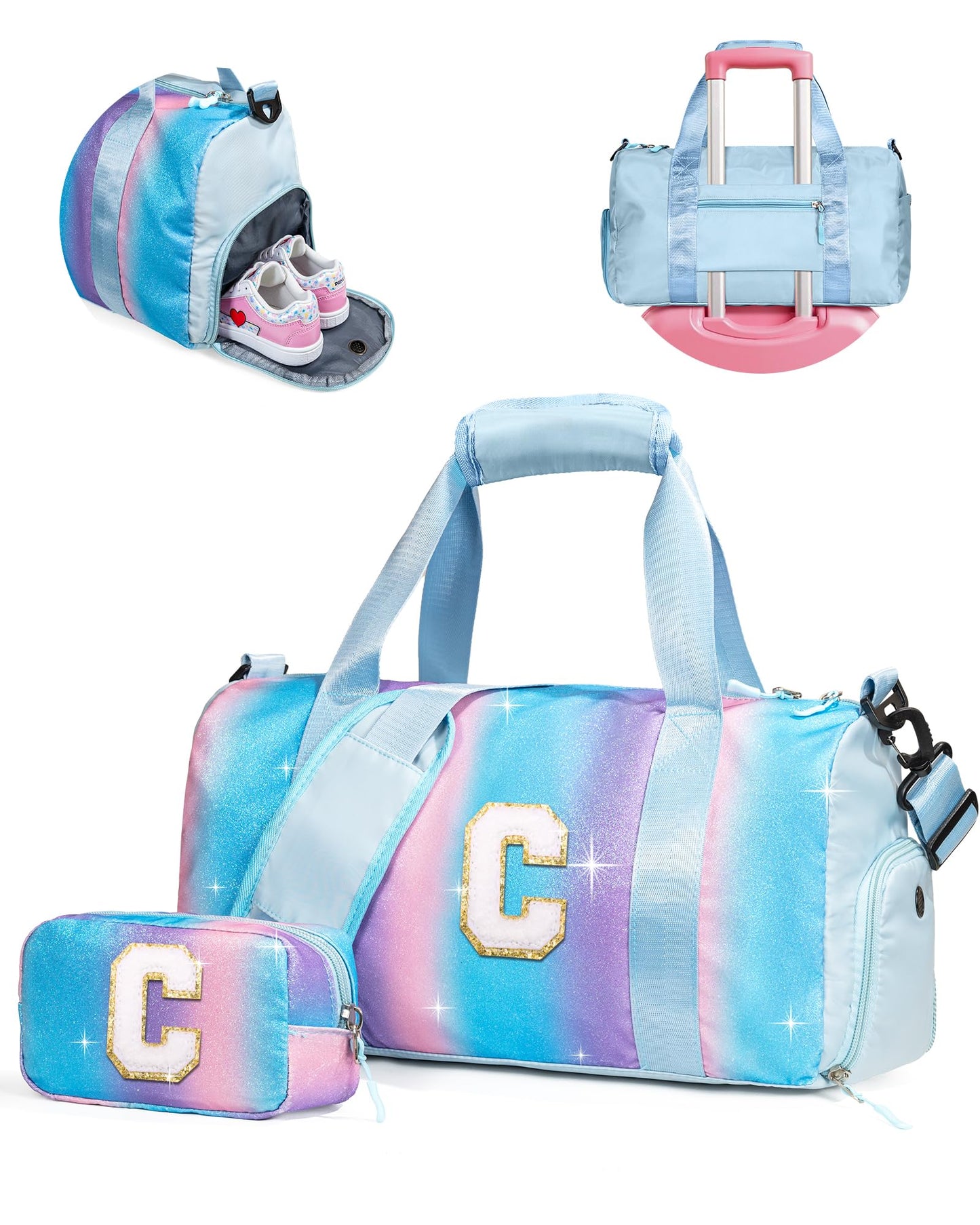 Vogewood Gifts for 3 4 5 6 7 8 9 Year Old Girls-Girl Gym Bag with Shoe Compartment, Kid Personalized Weekender Overnight Bags, Initial Travel Tote with Makeup Pouch, Easter Gift for Teen (Letter C)