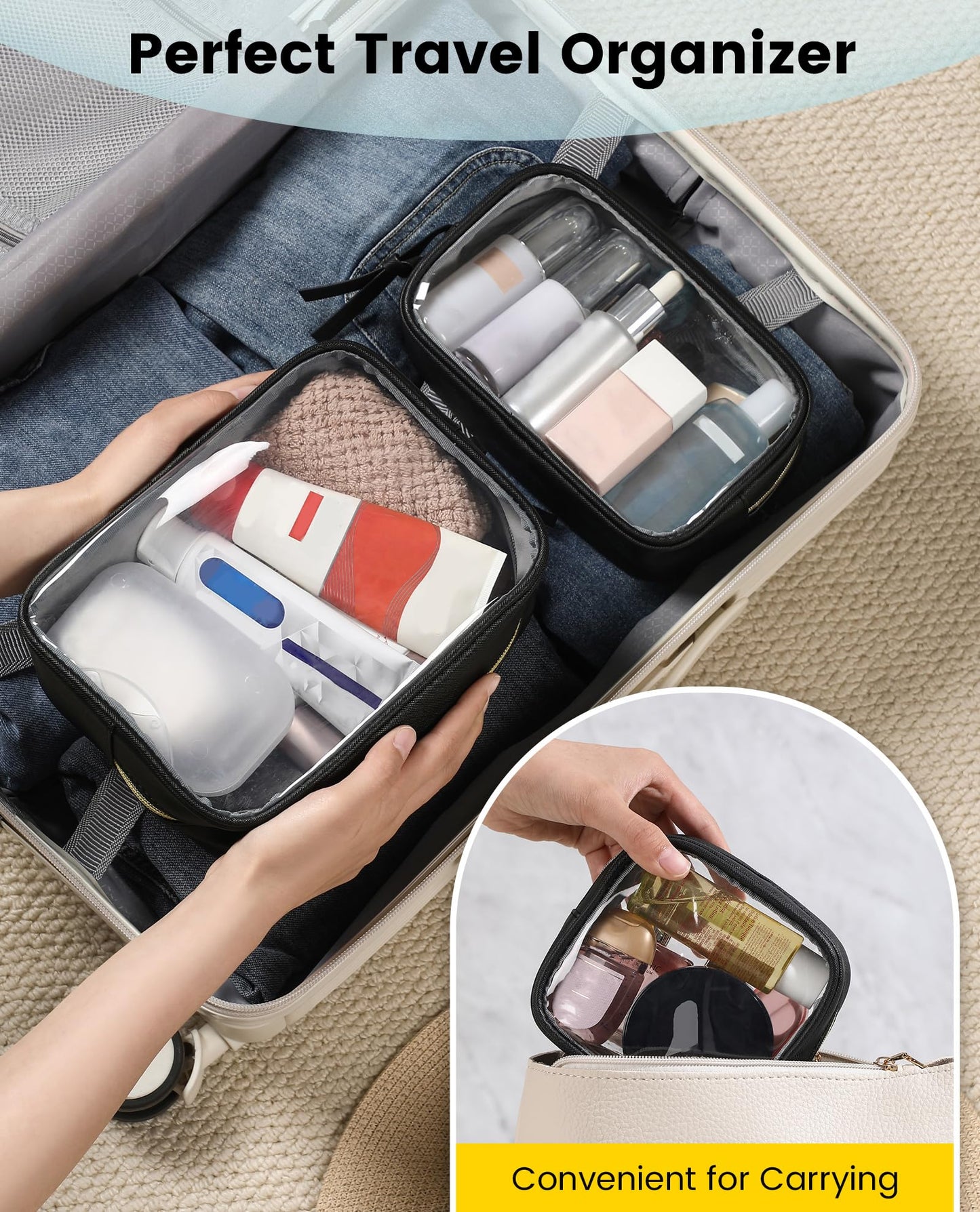 Vorspack Travel Makeup Bag - 3 Pack Travel Toiletry Bag for Women Clear Cosmetic Bag Makeup Organizer Zipper Pouch for Travel Essentials Storage - Black